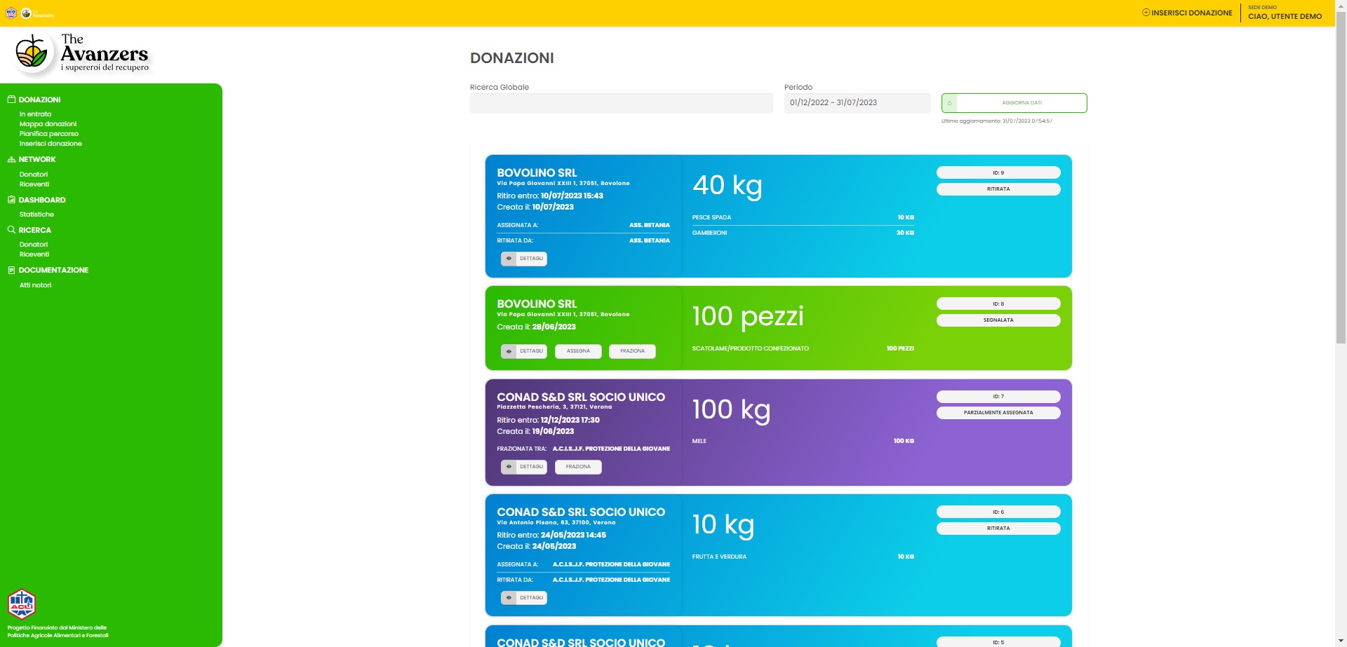 Listato donazioni da smistare